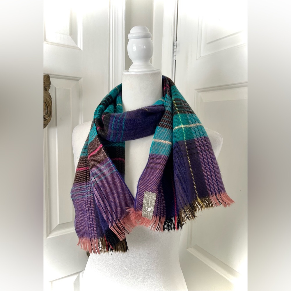 Courtelle vintage made in France purple and teal plaid scarf
